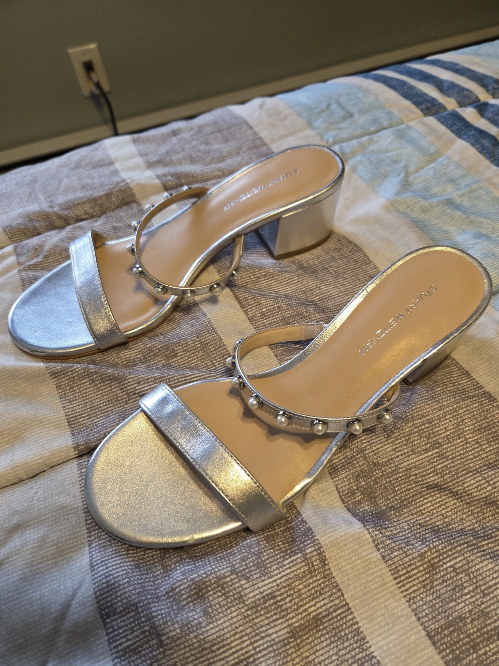 Stuart Weitzman Silver Pearl-Embellished Block Heel Sandals